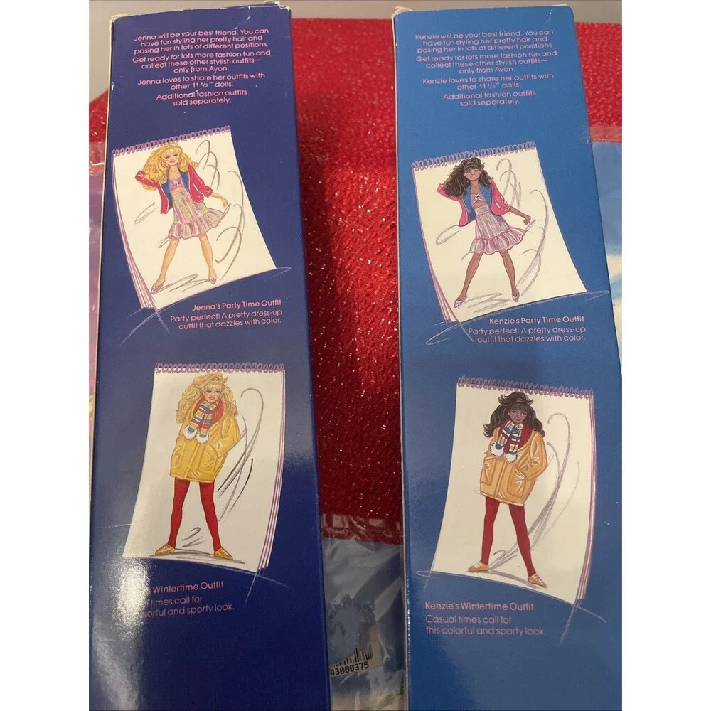 1990 AVON Fashion Doll Lot! KENZIE and JENNA 11.5” Doll, W/Box 4 Outfits